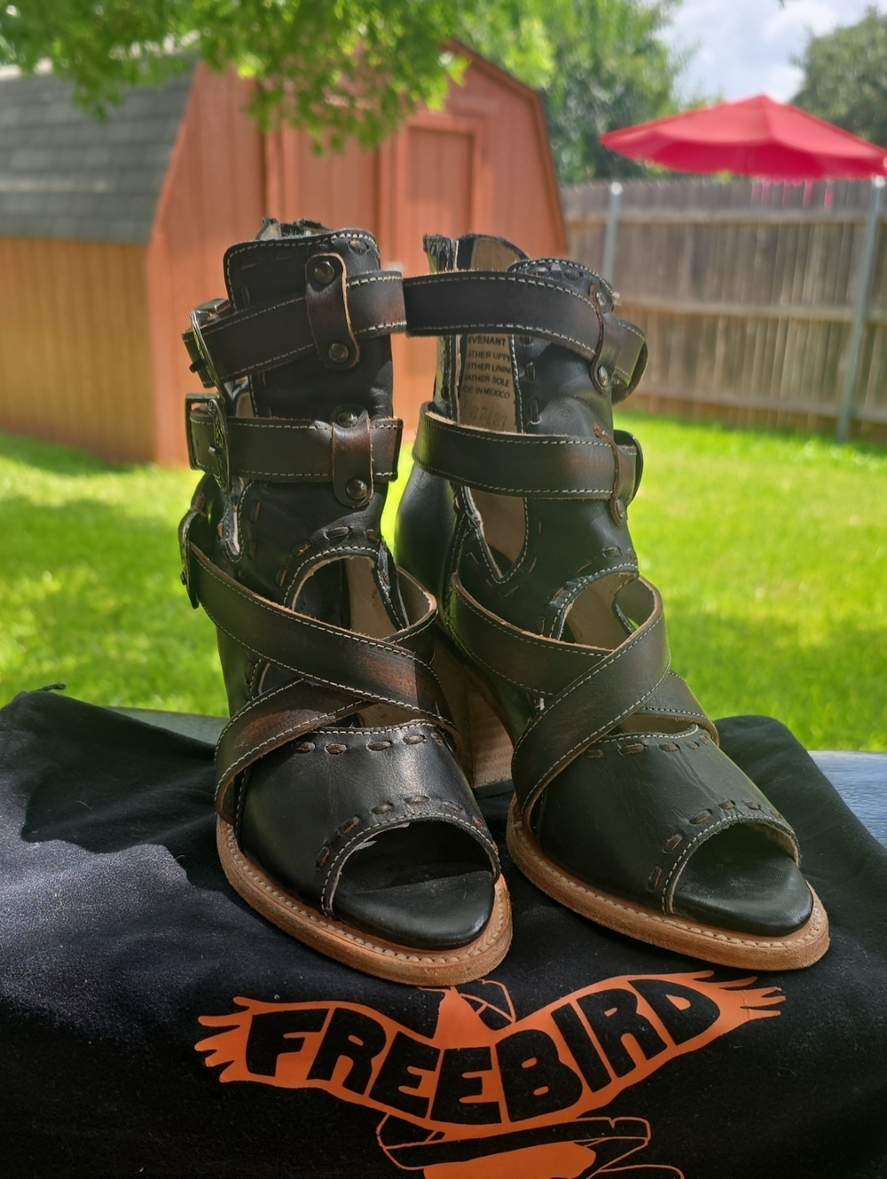 Freebird by Steven Black Leather Strappy Buckle Heels